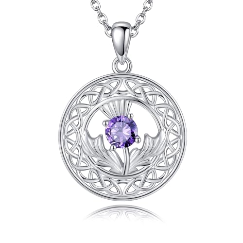 DAYLINLOVE Schottische Distel Kette 925 Sterling Silber Amethyst Schottischer Keltischer Knoten Anhänger Halsketten Schottischer Distel Schmuck Schottland Geschenke für Damen Frauen Mädchen von DAYLINLOVE