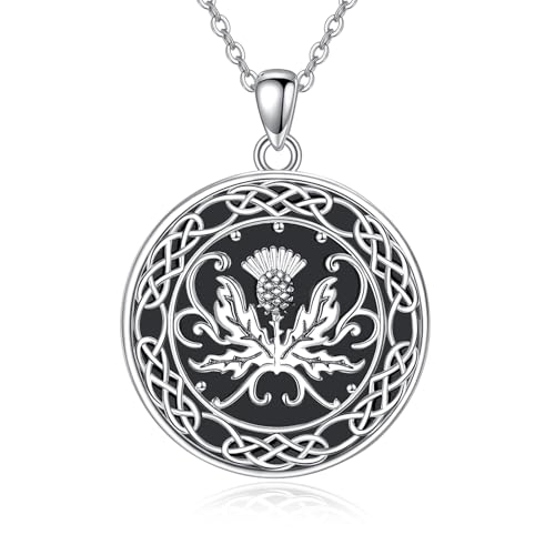 DAYLINLOVE Schottischer Distel Halskette 925 Sterling Silber schwarz Onyx Keltischer Knoten Distel Anhänger Halskette Schottischer Schmuck Geschenke für Frauen von DAYLINLOVE