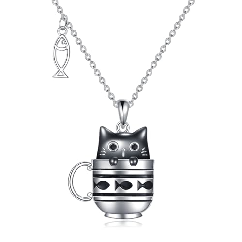 DAYLINLOVE Schwarze Katze Halskette S925 Sterling Silber Cup Katze Anhänger Halsketten mit Fisch Katzen Schmuck Geschenke für Frauen Mutter Frau Freunde von DAYLINLOVE