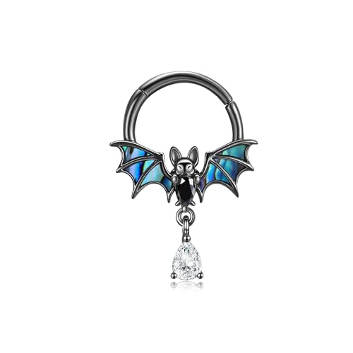 DAYLINLOVE Schwarzer Fledermaus Septum Ring 925er Sterling Silber Goth 16g Abalone Muschel Septum Nasenring Gothic Tier Knorpel Daith Piercing Schmuckgeschenke für Damen Frauen Mama Oma von DAYLINLOVE