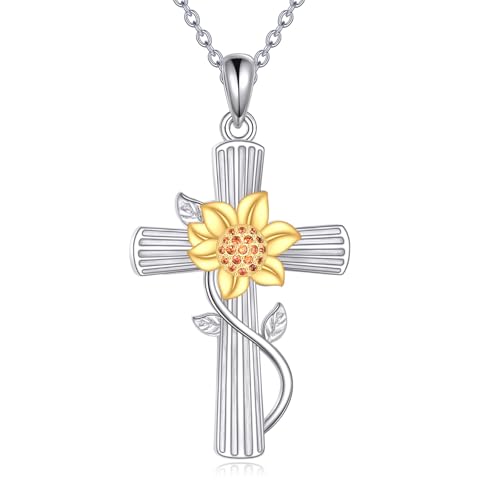 DAYLINLOVE Kreuz Sonnenblume Kette 925 Sterling Silber Kreuz Halskette Sonnenblume Anhänger Schmuck Geschenk für Damen von DAYLINLOVE
