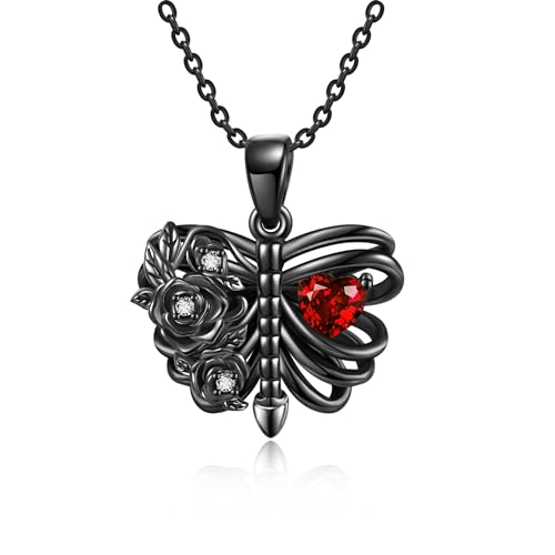 DAYLINLOVE Skelett Kette 925 Sterling Silber Schwarz Rose Skelett Anhänger Halskette Goth Schädel Skelett Schmuck Geschenke für Damen Frauen Mädchen Halloween Gothic Party von DAYLINLOVE