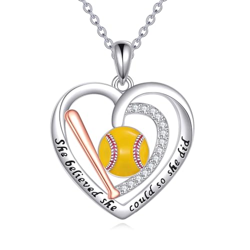 DAYLINLOVE Softball Geschenke 925er Sterling Silber Softball Herzform Anhänger Halskette Sport Schmuckgeschenke für Damen Frauen Männer Trainer Spieler von DAYLINLOVE