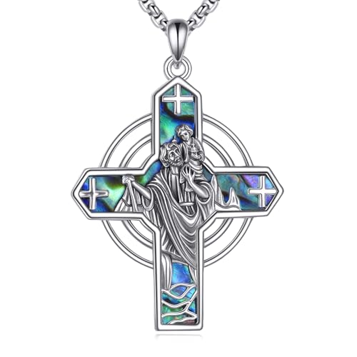 DAYLINLOVE St Christopher Kette 925er Sterling Silber Heiliges Kreuz Abalone Muschel Anhänger Halskette Christlich Religiös Katholisch Schmuckgeschenke für Damen Frauen Männer von DAYLINLOVE