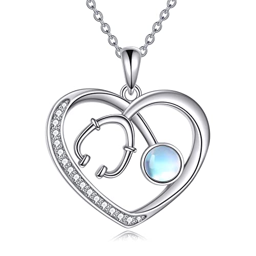 DAYLINLOVE Stethoskop Kette 925 Sterling Silber Krankenschwester Mondstein Schmuck Halskette Medical Student Krankenschwester Geschenke für Damen von DAYLINLOVE