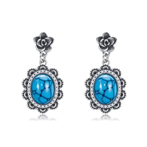 DAYLINLOVE Türkis Ohrringe 925er Sterling Silber Westliche Rose Hängend Ohrhänge Western Schmuckgeschenke für Damen Frauen Türkisliebhaber von DAYLINLOVE