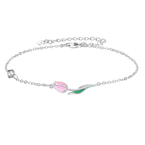 DAYLINLOVE Tulpe Armband 925er Sterling Silber Rosa Tulpe Armbänder Blume Tulipan Blumen Schmuckgeschenke für Damen Frauen Mädchen von DAYLINLOVE