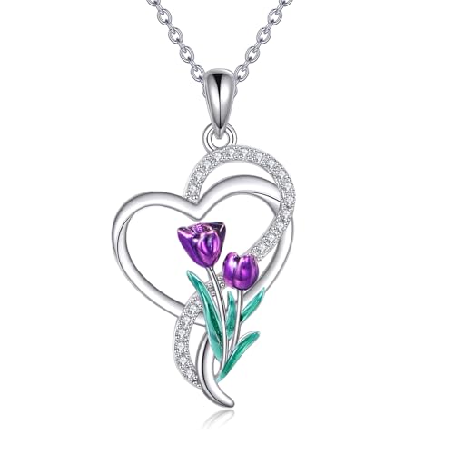 DAYLINLOVE Tulpe Kette 925 Sterling Silber Herz Tulpe Blume Anhänger Halskette Tulpe Schmuck Geschenke für Damen Frauen Mädchen Mutter Tulpe Liebhaber(Violett) von DAYLINLOVE