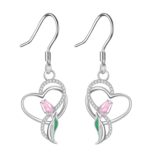 DAYLINLOVE Tulpe Ohrringe 925er Sterling Silber Rosa Tulpe Herzform Hängend Ohrringe Blume Tulipanes Blumen Schmuckgeschenke für Damen Frauen Mädchen von DAYLINLOVE