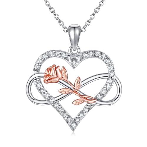 DAYLINLOVE Unendliches Herz Kette 925 Sterling Silber Unendliche Rose Blume Anhänger Halsketten Unendlichkeit Liebe Schmuck Geburtstag Geschenke für Sie Damen Frauen Mädchen Freundin Mutter von DAYLINLOVE