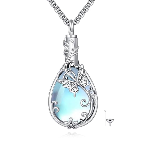 DAYLINLOVE Urn kette für Asche 925er Sterling Silber Schmetterling Mondstein Anhänger Halskette Einäscherung Memorial Andenken Schmuck Geschenke für die Asche Eines Geliebten Menschen für Damen von DAYLINLOVE