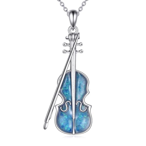 DAYLINLOVE Violine Kette 925er Sterling Silber Violine Blau Opal Anhänger Halskette Musik Instrument Schmuck Geschenke für Damen Mädchen von DAYLINLOVE