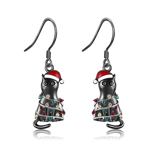 DAYLINLOVE Weihnachts Ohrringe 925 Sterling Silber Schwarze Katze Weihnachtslicht Hängend Ohrringe Tier Weihnachtsfeier Weihnachts Schmuck Geschenk für Damen Mädchen Frauen Mutter von DAYLINLOVE