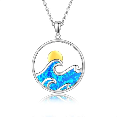 DAYLINLOVE Welle Kette 925 Sterling Silber Blau Opal Welle Anhänger Halskette Ozean Welle Schmuck Meer Strand Geschenke für Damen Frauen Mädchen Männer von DAYLINLOVE