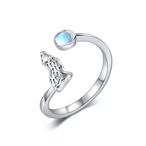 DAYLINLOVE Wölfe Ringe S925 Sterling Silber Einstellbare Mondstein Offener Ring Heulender Wölfe Daumen Ringe Tierschmuck Geschenke für Frauen Mädchen Wölfe Liebhaber von DAYLINLOVE