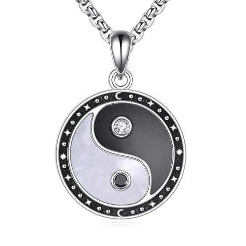 DAYLINLOVE Yin Yang Kette 925er Sterling Silber Schwarz Obsidian Weiß Perlmutt Anhänger Halskette Yin Yang Amulett Schmuck Geschenke für Damen Männer von DAYLINLOVE