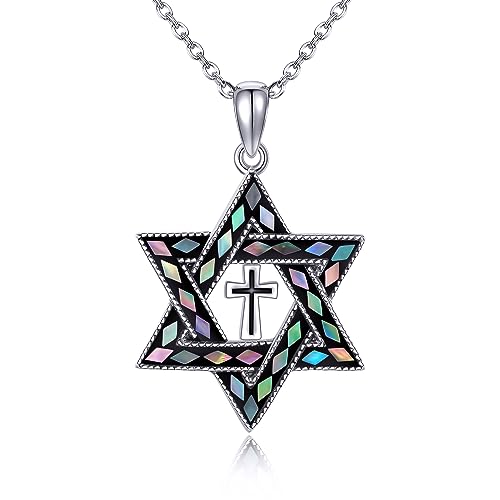 Davidstern Kette mit Kreuz 925 Sterling Silber Jüdischer Stern Kette Abalone Shell Davidstern Anhänger Religiöser Jüdischer Schmuck Geschenke für Damen Unisex mit 18+2inch Verstellbar von DAYLINLOVE