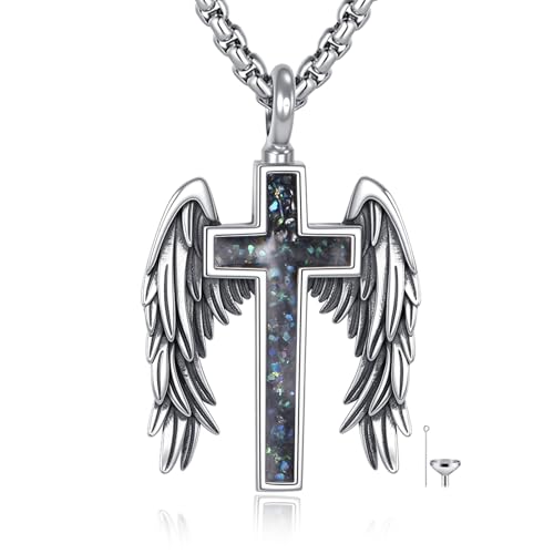 Engelsflügeln Urn Kette für Asche 925er Sterling Silber Kreuz Abalone Muschel Anhänger Kette Einäscherungs Gedenkstätte Andenken Schmuckgeschenke für Die Asche Eines Geliebten Menschen Damen Männer von DAYLINLOVE