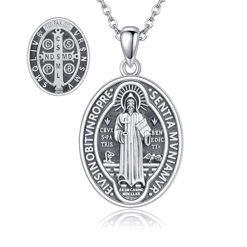 DAYLINLOVE Saint Medaille für Männer 925 Sterling Silber St Medaillon Halskette Schutz Schmuck Religiöse Geschenke für Männer Frauen (Saint Benedict) von DAYLINLOVE