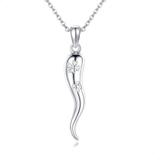 Italienische Horn Kette 925 Sterling Silber Glücksklee Italienisches Horn Anhänger Cornicello Halskette Talisman Schutz Amulett Italienischer Horn Schmuck Geschenke für Damen Frauen Mädchen von DAYLINLOVE