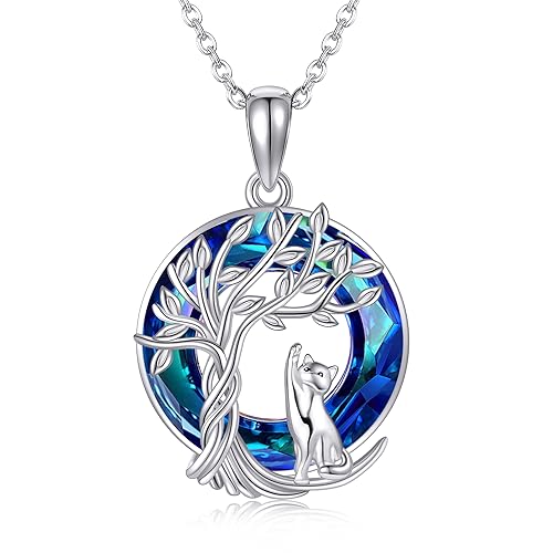 Katze Kette Baum des Lebens mit Blauen Kreis Kristall Niedlich Echte 925 Sterling Silber Katze Anhänger Kette für Damen Mädchen Schmuck Geschenke für Katzenliebhaber von DAYLINLOVE