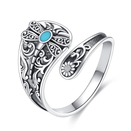 Libelle Löffel Ring S925 Sterling Silber Vintage Türkis Libelle Ringe Sonnenblume Einstellbare Löffel Ring Schmuck Geschenke für Frauen Männer von DAYLINLOVE
