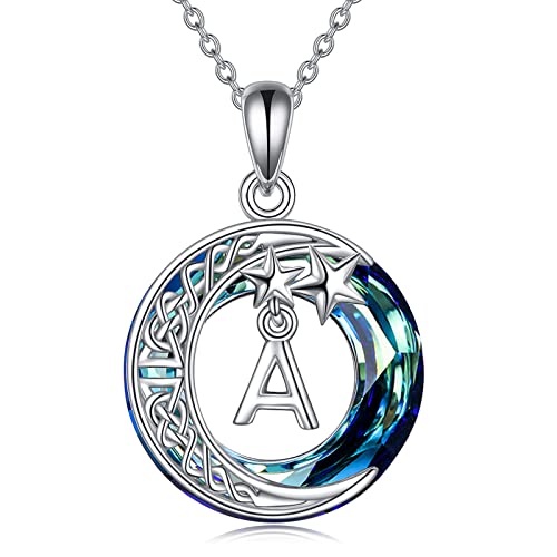 Mond Stern Kette Geschenke für Damen 925 Sterling Silber Sichel Mond Initial Buchstabe A Anhänger Halskette Kreis Blau Kristall Schmuck Weihnachten Geburtstag Geschenke für Ihre Mutter Damen von DAYLINLOVE