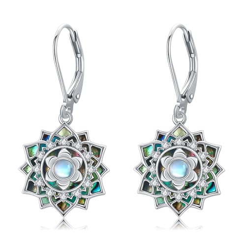 Moonstone Lotus Ohrringe S925 Sterling Silber Abalone Shell Lotus Blume Hangle Drop Ohrringe Yoga Schmuck Geschenke für Frauen Mutter Frau von DAYLINLOVE