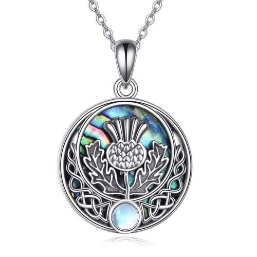 DAYLINLOVE Schottischer Distel Kette 925 Sterling Silber Schottisches Liebe Halsmit Abalone Muschel Mondstein Anhänger Schottischer Nordischer Heidnischer Schmuck Geschenke Damen Frauen Mädchen von DAYLINLOVE
