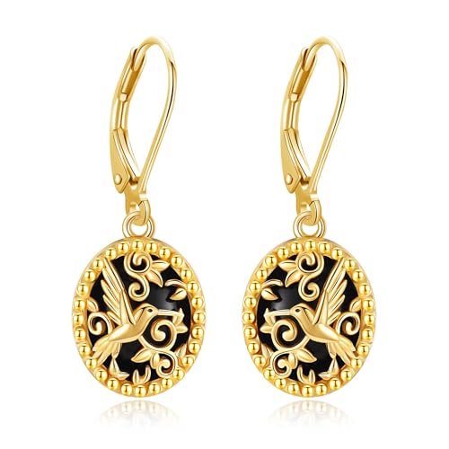 Schwarzer Onyx Kolibri Ohrringe 925 Sterling Silber Kolibri Filigran Ohrringe Vergoldet Oval Tropfen Ohrringe Schmuck Geschenke für Frauen von DAYLINLOVE
