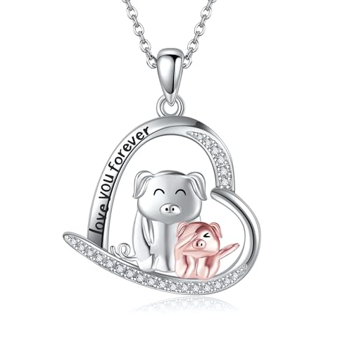 Schweine Kette 925 Sterling Silber Love Heart Shape Anhänger Mama Halskette Tier Kette Mutter Kind Schmuck für Mama Mutter Damen Frauen Tierliebhaber von DAYLINLOVE