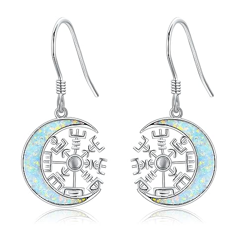 Wikinger Kompass Ohrringe 925 Sterling Silber Opal Mond Hängend Ohrhänger für Damen Nordische Vegvisir Geschenke für Nordische Heiden von DAYLINLOVE