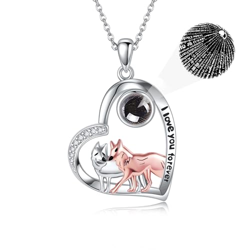 Wolf Kette 925 Sterling Silber mit Stein von I Love You in 100 Sprachen Wolf Herz Form Anhänger Tier Halskette Valentinstag Schmuck Geschenke für Freundin Damen Frauen Tierliebhaber von DAYLINLOVE