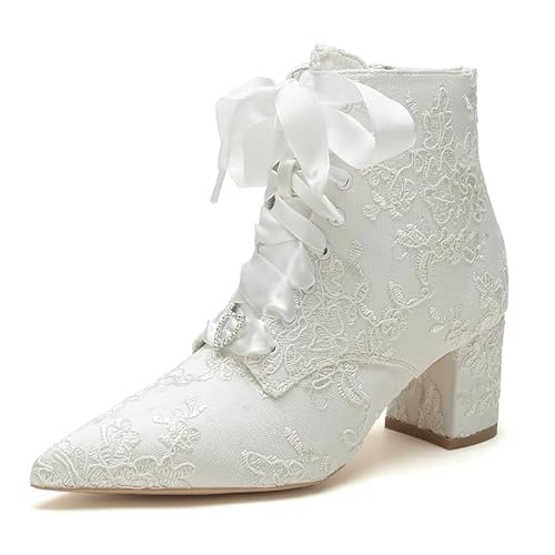 DAYOBOB Frauen-Satin-Stiefel mit Spitze Zehen & Blockabsatz - Gala & Hochzeits-Booties 35-43,Elfenbein,37 von DAYOBOB