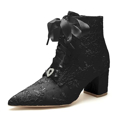 DAYOBOB Frauen-Satin-Stiefel mit Spitze Zehen & Blockabsatz - Gala & Hochzeits-Booties 35-43,Schwarz,40 von DAYOBOB