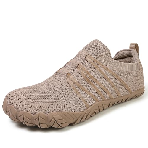 Barfußschuhe Damen Herren Breite Barfuss Schuhe Laufschuhe Zero-Drop Sohlen Zehenschuhe Traillaufschuhe Leichte Atmungsaktiv Fitnessschuhe Komfort rutschfest Straßenlaufschuhe Unisex(Khaki 42EU) von DAZFE