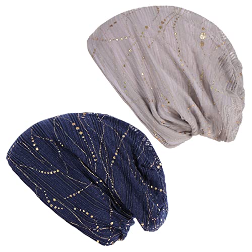 DAZISEN Frauen Baumwoll Turban Chemo Mütze – Weicher Bedruckter Kopfbedeckung Schlafmütze für Mädchen und Damen Krebs Alopezie Haarausfall Hut, Grau*1 + Dunkelblau*1 von DAZISEN