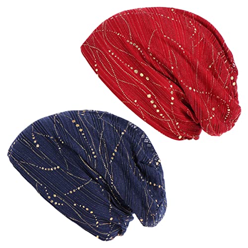 DAZISEN Frauen Baumwoll Turban Chemo Mütze – Weicher Bedruckter Kopfbedeckung Schlafmütze für Mädchen und Damen Krebs Alopezie Haarausfall Hut, Rot*1 + Dunkelblau*1 von DAZISEN