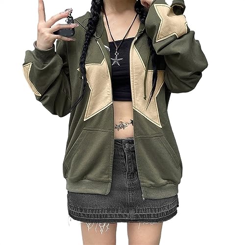 DAZULI Femmes Zip Up Hoodie Vintage Aesthetic Star Print Sweat Lâche Surdimensionné À Manches Longues Veste Cardigan Avec Poches (Color : Green, Size : L) von DAZULI