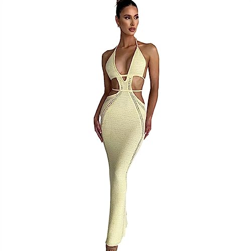 DAZULI Sexy Hohles Neckholder Kleid Für Damen Gestrickt Offener Rücken V Ausschnitt Strandkleid Party Abend Cocktailkleid Clubwear (Color : Light Yellow, Size : S) von DAZULI