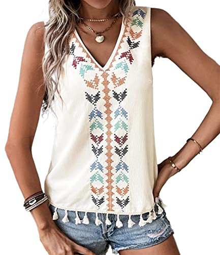 Lässige Tanktops Für Damen Sommer Ethno Stil V Ausschnitt Stickerei Ärmellose Cami Blusen Fließende Tunika T Shirts Mit Quasten (Color : Apricot, Size : M) von DAZULI