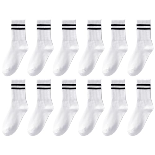 6 Paar weiße Sportsocken, Damen-Söckchen, atmungsaktive Baumwollsocken, Freizeitsocken, Damen-Crew-Socken, Zwei-Stab-Streifen-Design, Fitness-Essentials von DAZZLUXE