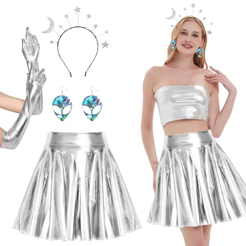 DAZZTIME Alien Kostüm Set,4 Stück Damen Metallischer Faltenrock,Cosplay Metallic Glitzer Outfits+Metallic Handschuhe+Alien Stirnband+Alien Ohrringe,für Karneval Mottoparty Kostüm Zubehör. von DAZZTIME