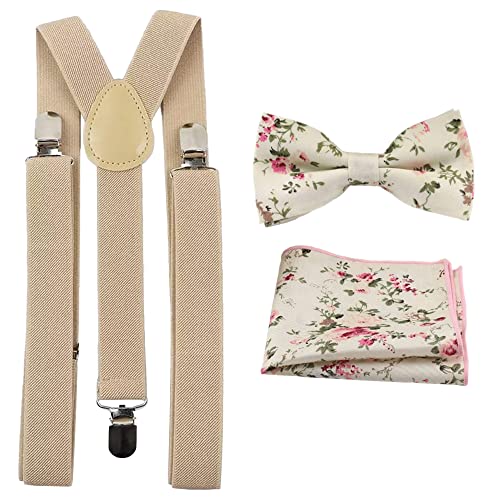 Herren Hosenträger-Set mit Fliege und Einstecktuch aus Baumwolle, cremefarben / Beige von DB Dickie Bow