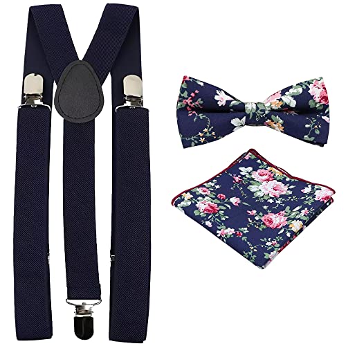 Herren Hosenträger mit Fliege und Einstecktuch aus Baumwolle, Blau mit Blumenmuster von DB Dickie Bow