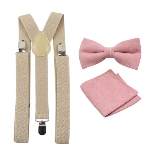 Luxuriöse Herren-Fliege, Einstecktuch und Hosenträger aus Baumwollmischgewebe, Fliege, Einstecktuch und beiger Hosenträger in Altrosa, Bow Tie: Length 11.5cm. Width: 7.5cm von DB Dickie Bow
