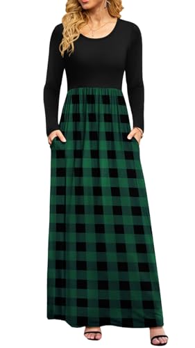 DB MOON 2022 Weihnachten Frauen Casual Herbst Langarm Maxikleider Empire Taille Lang Lose Kleid mit Taschen, B-Green Plaid, Groß von DB MOON