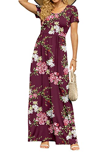 DB MOON Damen 2022 Casual Sommer Maxikleider Kurzarm Empire Taille Langes Kleid mit Taschen, Blume Burgunderrot, X-Groß von DB MOON