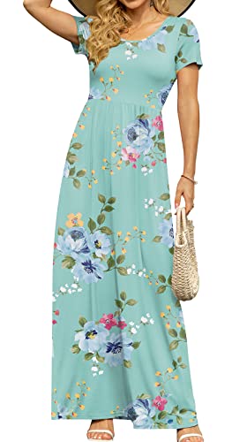 DB MOON Damen 2022 Casual Sommer Maxikleider Kurzarm Empire Taille Langes Kleid mit Taschen, Blumenmuster Mint, Groß von DB MOON