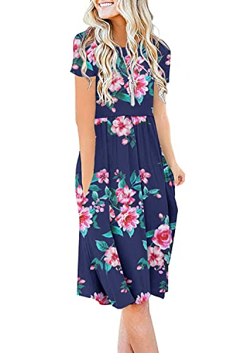 DB MOON Frauen Casual Kurzarm Kleider Empire-Taille Knielanges Kleid mit Taschen, Blume Marineblau, Mittel von DB MOON